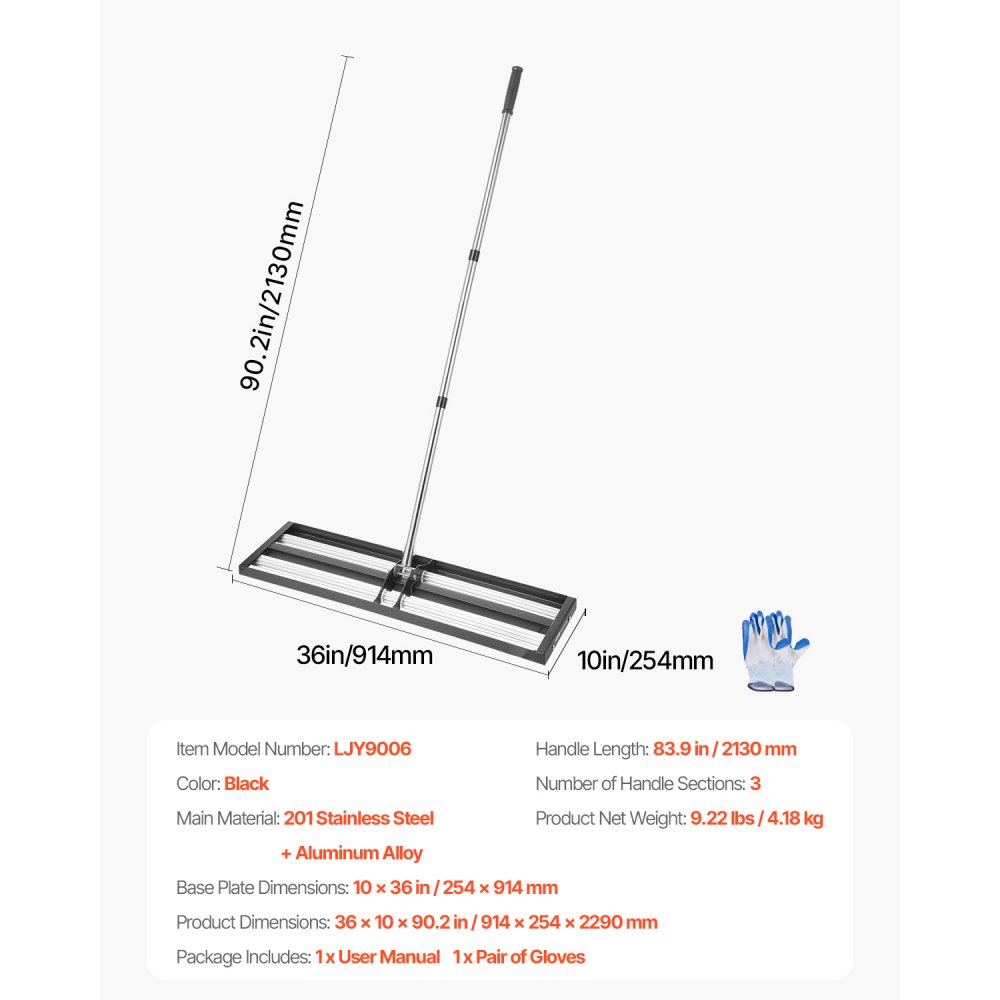Rastrillo nivelador de césped VEVOR actualizado con rodillo, nivelador de césped de acero inoxidable de 91 x 25 cm con mango ajustable de 213 cm, rastrillo nivelador de jardín de alta resistencia, herramienta de nivelación de césped que ahorra esfuerzo para canchas de golf.