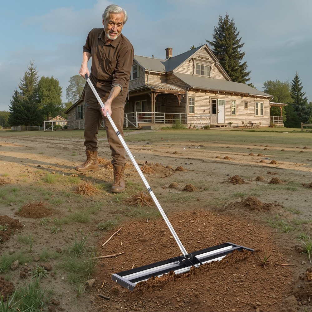 Rastrillo nivelador de césped VEVOR actualizado con rodillo, nivelador de césped de acero inoxidable de 91 x 25 cm con mango ajustable de 213 cm, rastrillo nivelador de jardín de alta resistencia, herramienta de nivelación de césped que ahorra esfuerzo para canchas de golf.