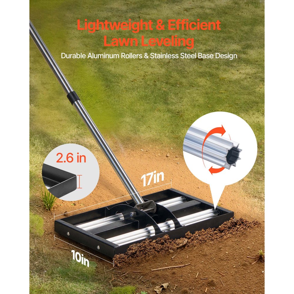 VEVOR Updated Lawn Leveling Rake with Roller, 17" x 10" Stainless Steel Lawn Leveler with 63.4" Adjustable Handle, Heavy Duty Yard Leveling Rake, Effort Saving Lawn Leveling Tool for Yard Golf Court
