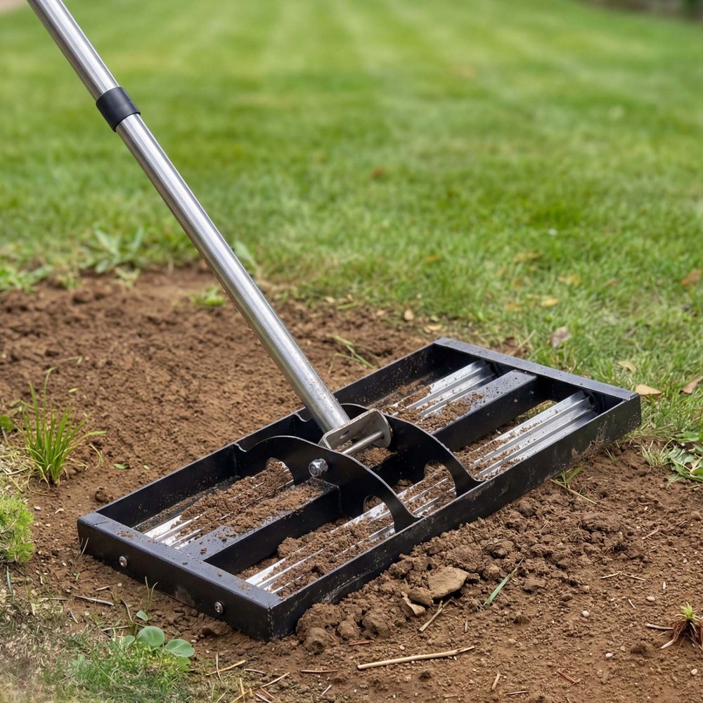 VEVOR Updated Lawn Leveling Rake with Roller, 17" x 10" Stainless Steel Lawn Leveler with 63.4" Adjustable Handle, Heavy Duty Yard Leveling Rake, Effort Saving Lawn Leveling Tool for Yard Golf Court