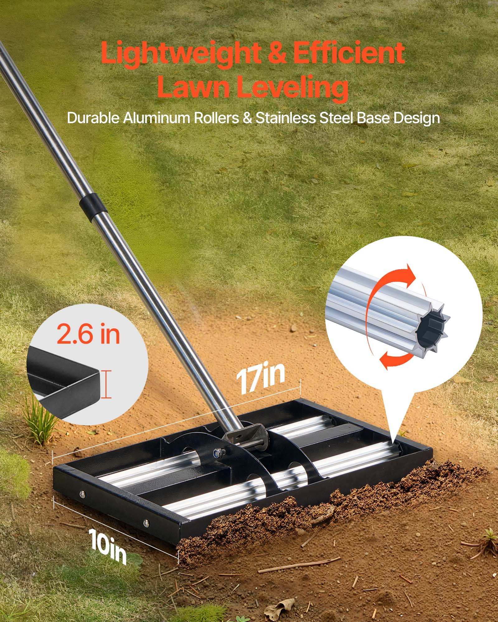 VEVOR Updated Lawn Leveling Rake with Roller, 17" x 10" Stainless Steel Lawn Leveler with 63.4" Adjustable Handle, Heavy Duty Yard Leveling Rake, Effort Saving Lawn Leveling Tool for Yard Golf Court