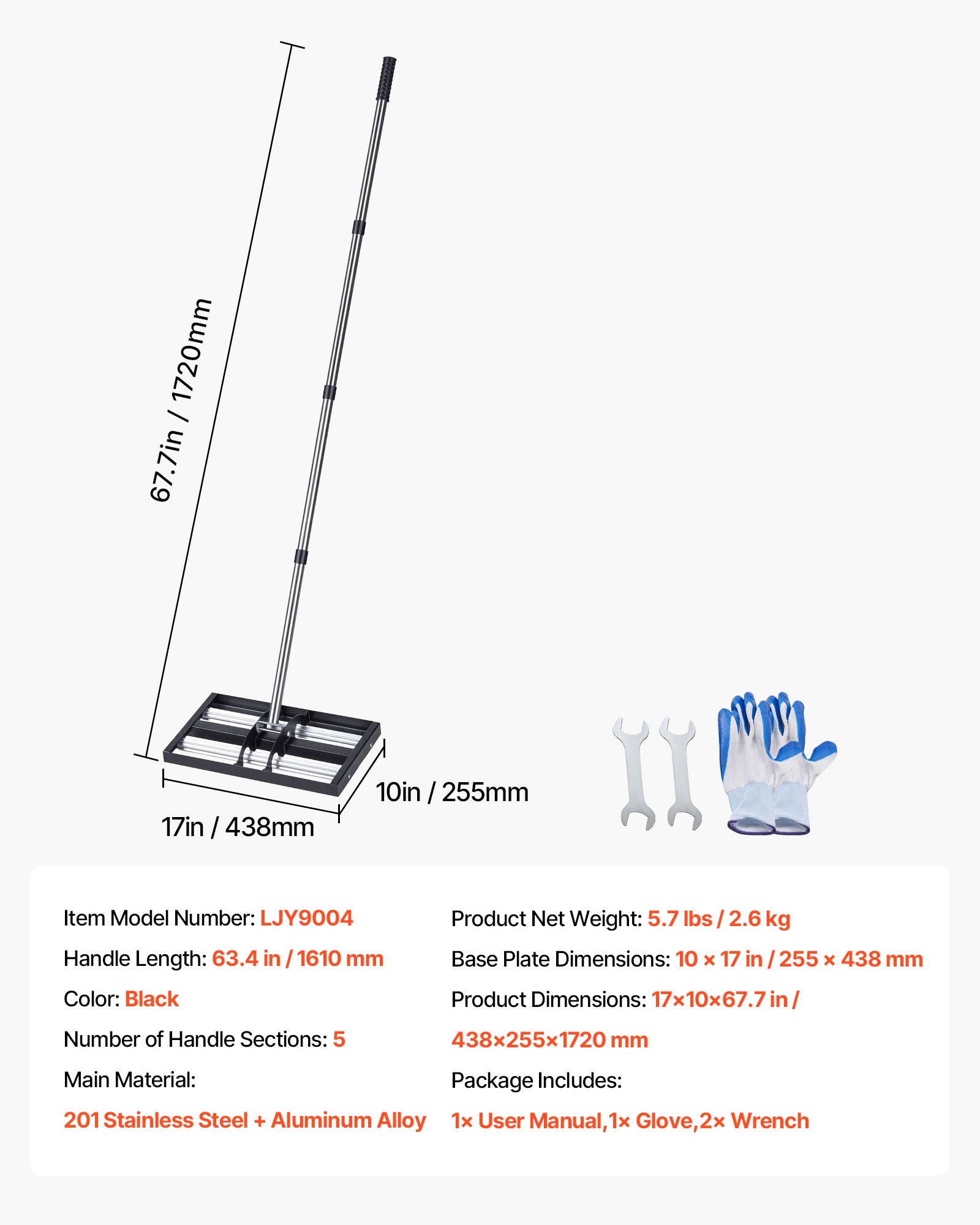 VEVOR Updated Lawn Leveling Rake with Roller, 17" x 10" Stainless Steel Lawn Leveler with 63.4" Adjustable Handle, Heavy Duty Yard Leveling Rake, Effort Saving Lawn Leveling Tool for Yard Golf Court