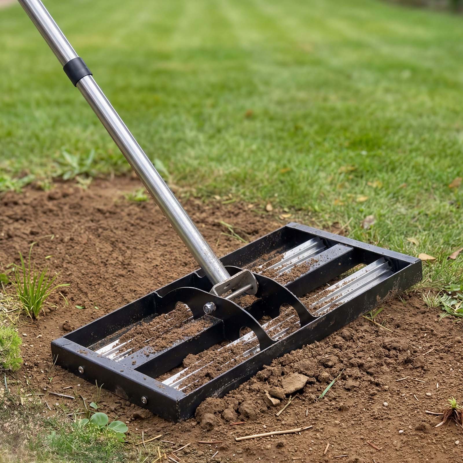 VEVOR Updated Lawn Leveling Rake with Roller, 17" x 10" Stainless Steel Lawn Leveler with 63.4" Adjustable Handle, Heavy Duty Yard Leveling Rake, Effort Saving Lawn Leveling Tool for Yard Golf Court