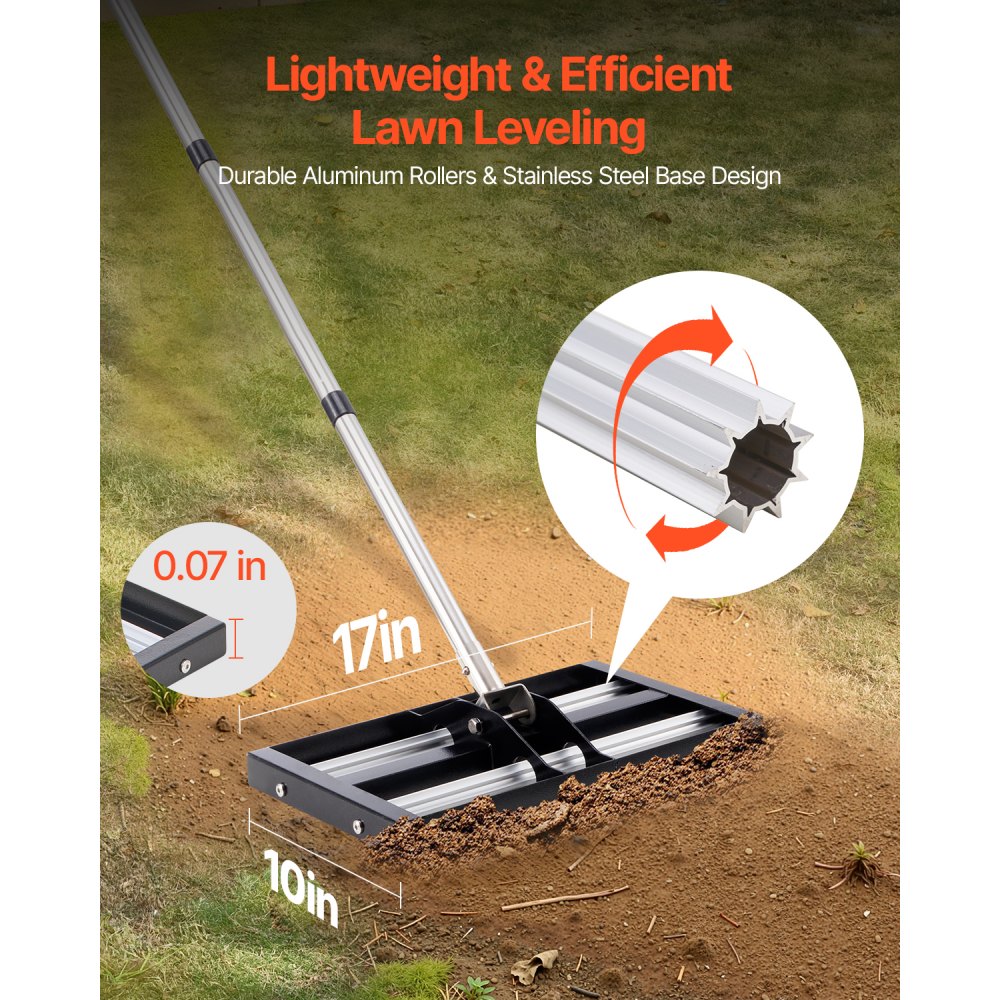 VEVOR Updated Lawn Leveling Rake with Roller, 17" x 10" Stainless Steel Lawn Leveler with 63.4" Adjustable Handle, Heavy Duty Yard Leveling Rake, Effort Saving Lawn Leveling Tool for Yard Golf Court