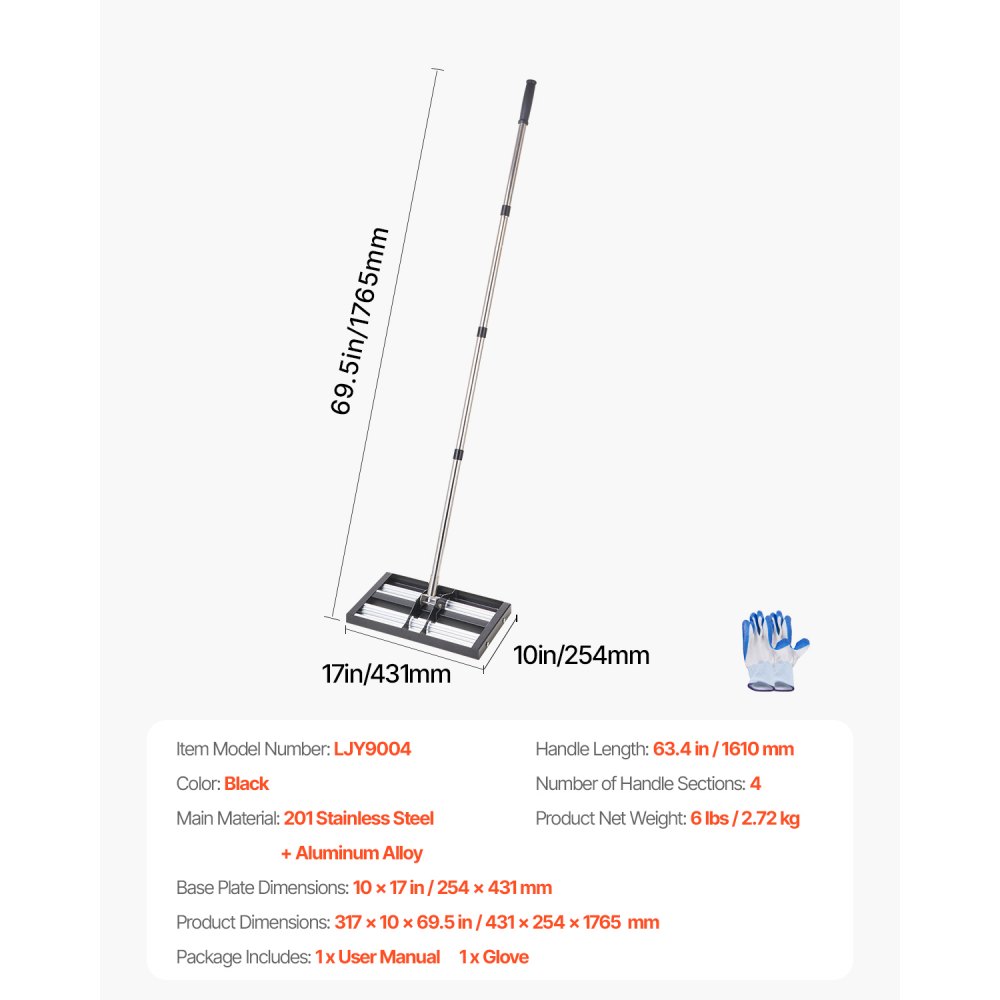 VEVOR Updated Lawn Leveling Rake with Roller, 17" x 10" Stainless Steel Lawn Leveler with 63.4" Adjustable Handle, Heavy Duty Yard Leveling Rake, Effort Saving Lawn Leveling Tool for Yard Golf Court