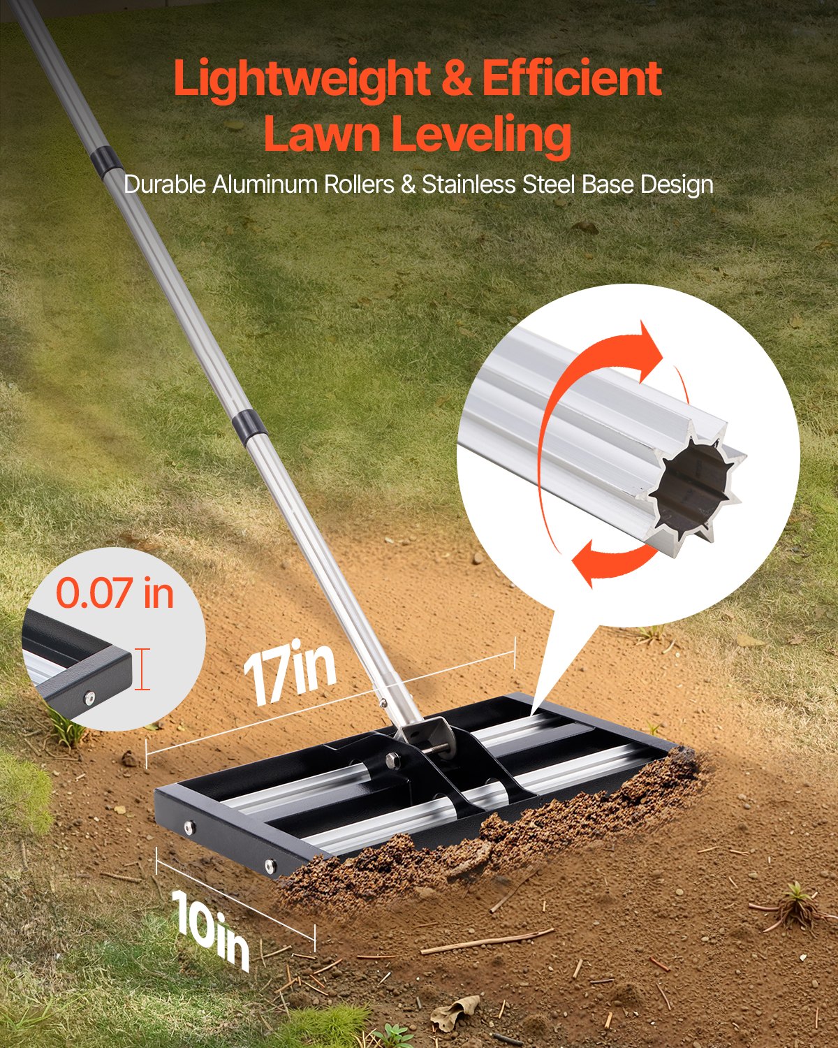VEVOR Updated Lawn Leveling Rake with Roller, 17" x 10" Stainless Steel Lawn Leveler with 63.4" Adjustable Handle, Heavy Duty Yard Leveling Rake, Effort Saving Lawn Leveling Tool for Yard Golf Court