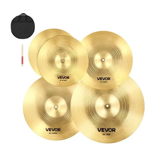 VEVOR Cymbal Pack, 4 Pieces Cymbals for Drum Set, Alloy Cymbals Drum Set Includes 14-inch Hi-Hats, 16-inch Crash, 18-inch Crash, 20-inch Ride, Drumsticks & Cymbal Bag, Alloy Cymbal Pack for Drummer