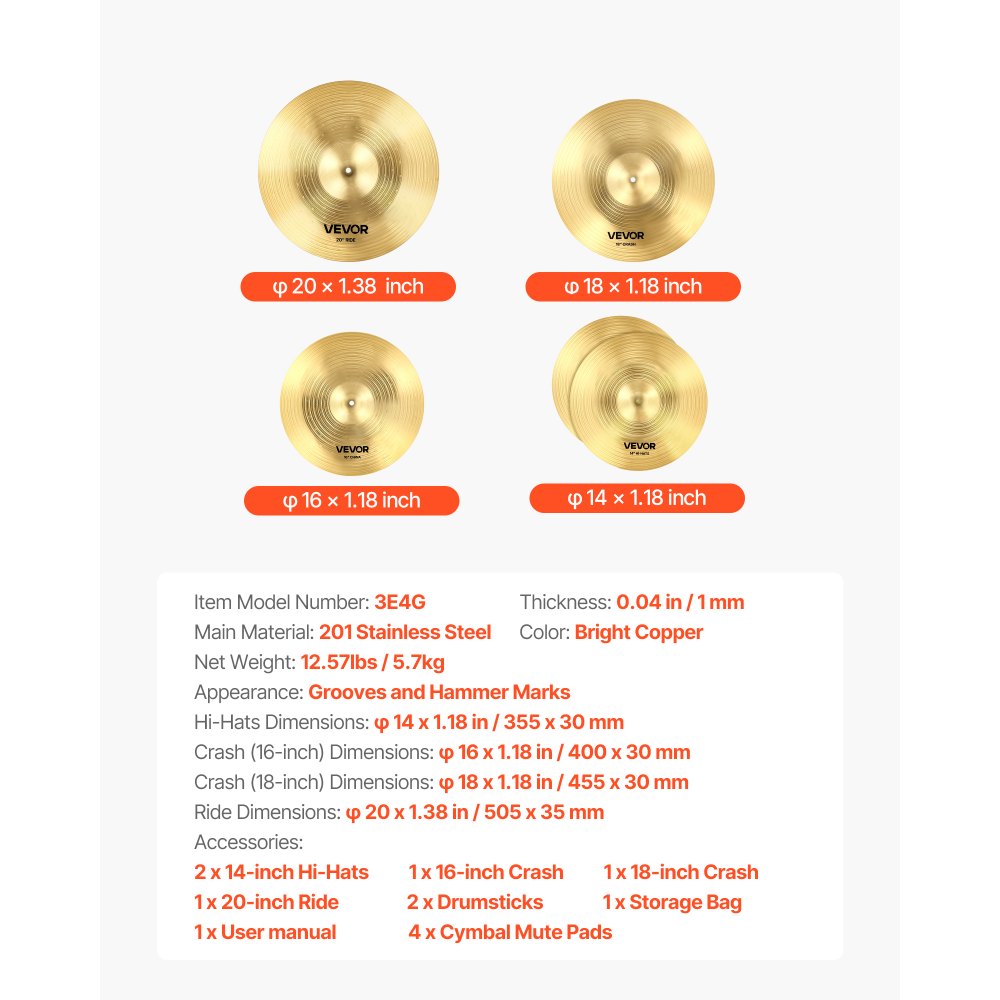 VEVOR Cymbal Pack, 4 Pieces Cymbals for Drum Set, Alloy Cymbals Drum Set Includes 35.5 cm Hi-Hats, 40 cm Crash, 45.5 cm Crash, 50.5 cm Ride, Drumsticks & Cymbal Bag, Alloy Cymbal Pack for Drummer