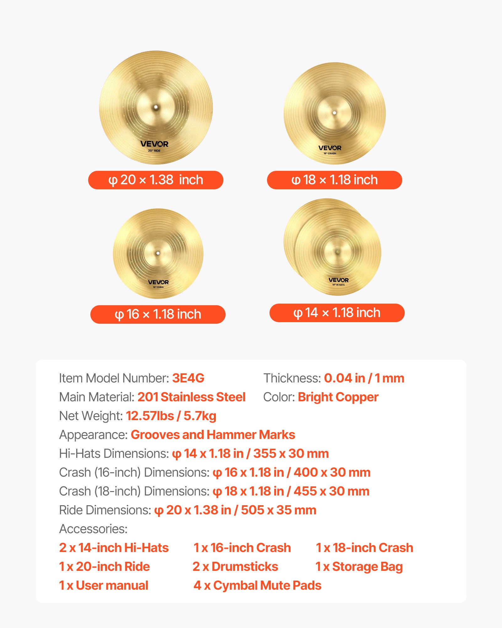 VEVOR Cymbal Pack, 4 Pieces Cymbals for Drum Set, Alloy Cymbals Drum Set Includes 35.5 cm Hi-Hats, 40 cm Crash, 45.5 cm Crash, 50.5 cm Ride, Drumsticks & Cymbal Bag, Alloy Cymbal Pack for Drummer