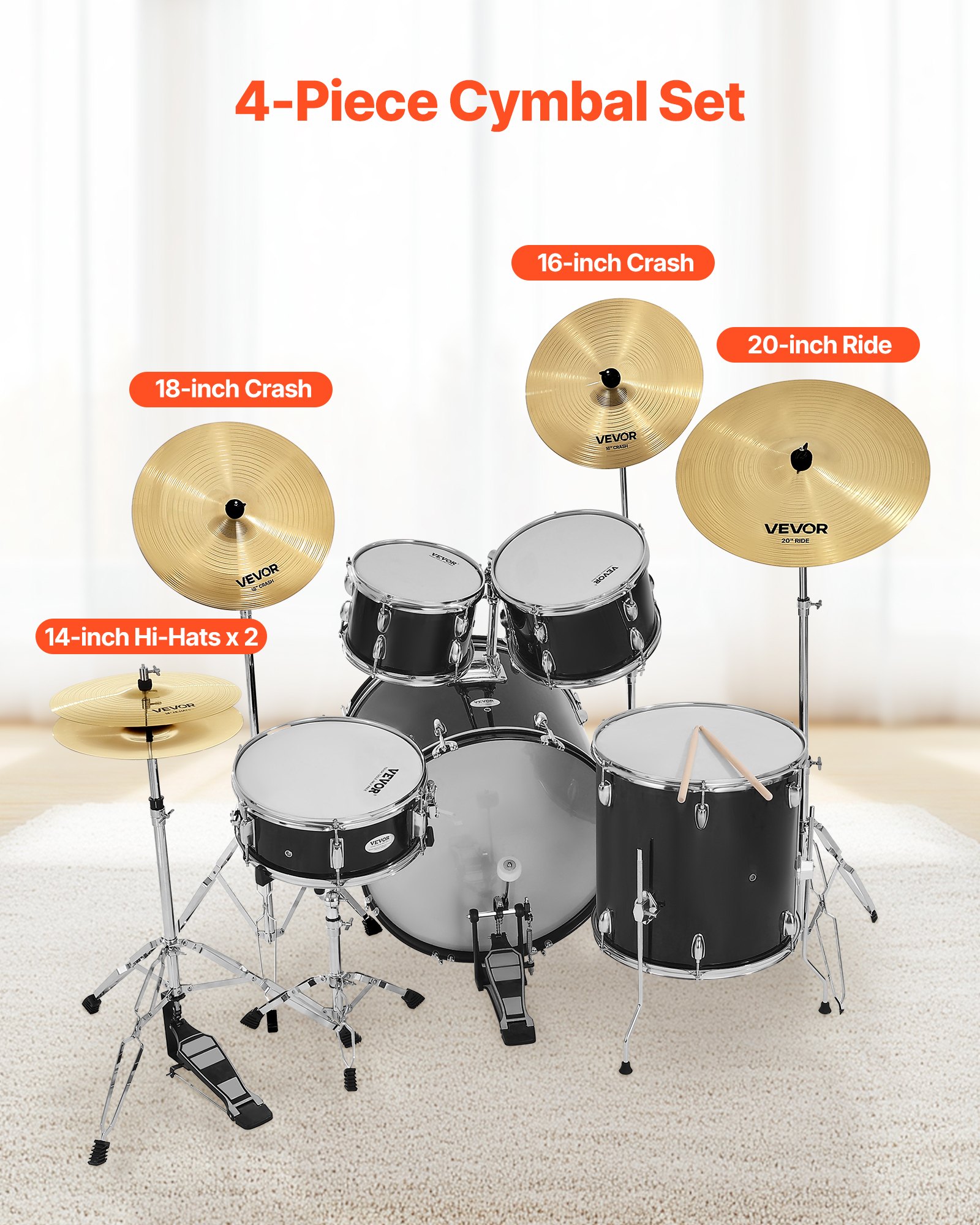 VEVOR Cymbal Pack, 4 Pieces Cymbals for Drum Set, Alloy Cymbals Drum Set Includes 14-inch Hi-Hats, 16-inch Crash, 18-inch Crash, 20-inch Ride, Drumsticks & Cymbal Bag, Alloy Cymbal Pack for Drummer