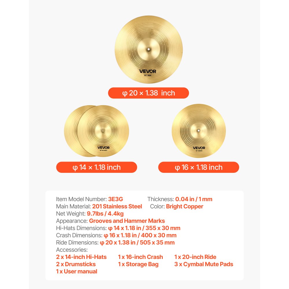 VEVOR Cymbal Pack, 3 Pieces Cymbals for Drum Set, Alloy Cymbals Drum Set Includes 14-inch Hi-Hats, 16-inch Crash, 20-inch Ride, Drumsticks & Cymbal Bag, Alloy Cymbal Pack for Drummer, Bright Copper