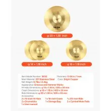 VEVOR Cymbal Pack 3 Pieces Cymbals Drum Set 14 16 20 Inches Cymbals for Drum