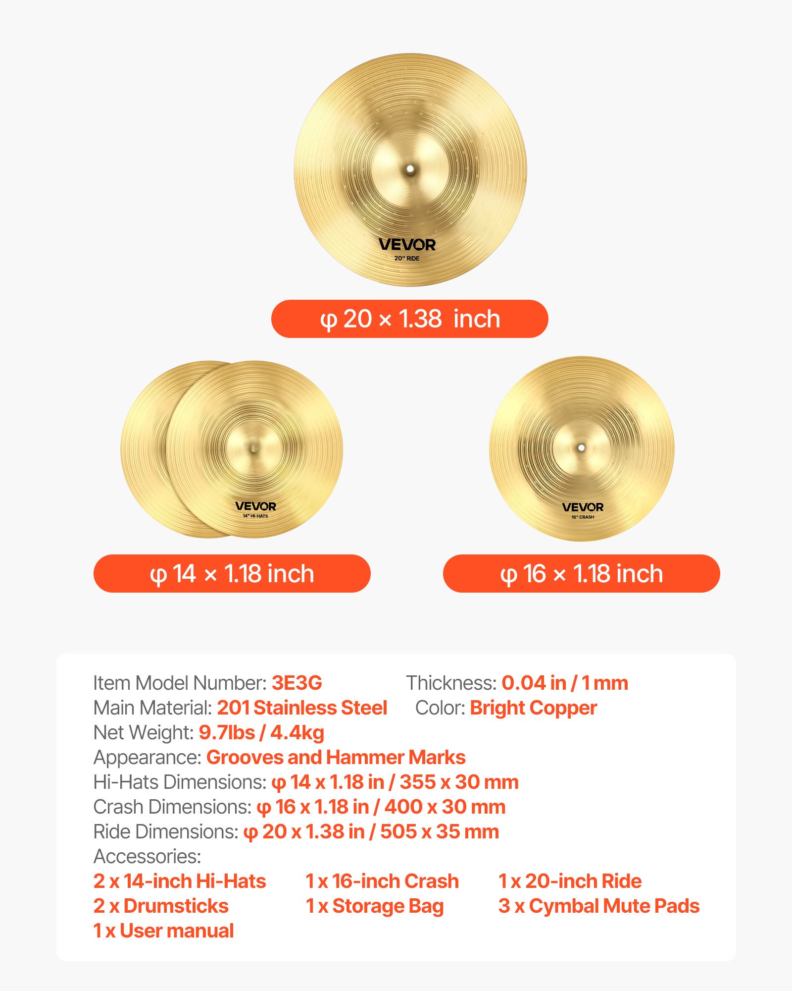 VEVOR Cymbal Pack, 3 Pieces Cymbals for Drum Set, Alloy Cymbals Drum Set Includes 35.5 cm Hi-Hats, 40 cm Crash, 50.5 cm Ride, Drumsticks & Cymbal Bag, Alloy Cymbal Pack for Drummer, Bright Copper