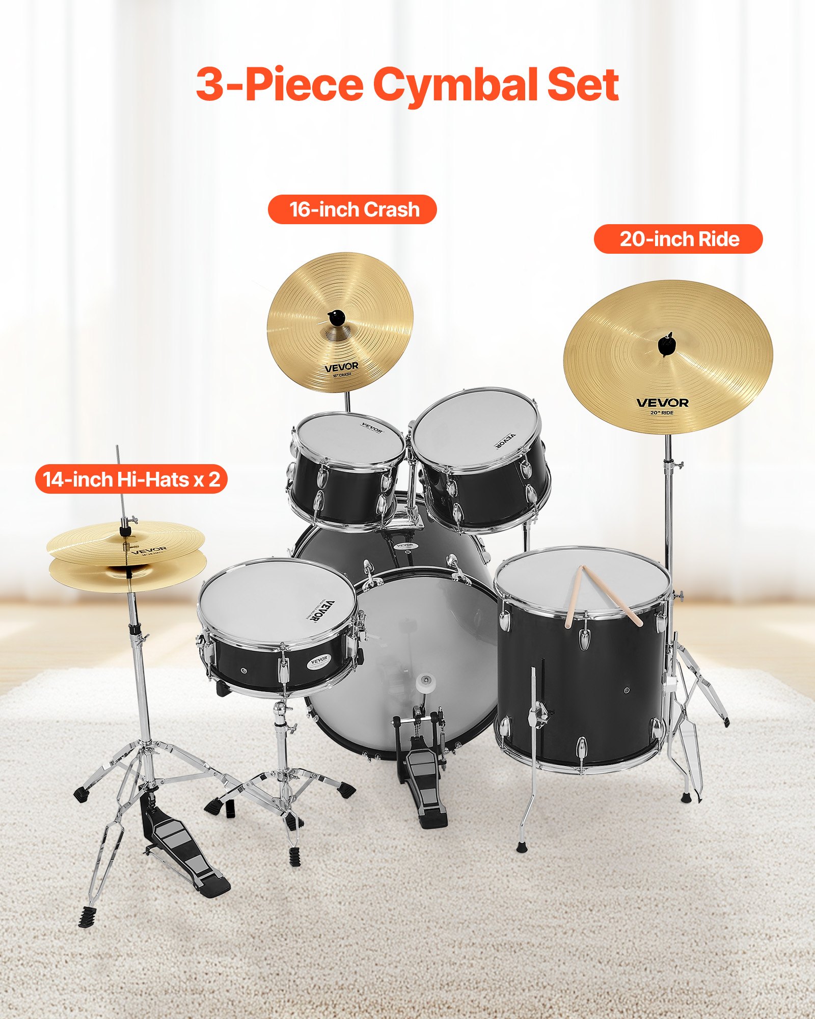 VEVOR Cymbal Pack, 3 Pieces Cymbals for Drum Set, Alloy Cymbals Drum Set Includes 35.5 cm Hi-Hats, 40 cm Crash, 50.5 cm Ride, Drumsticks & Cymbal Bag, Alloy Cymbal Pack for Drummer, Bright Copper
