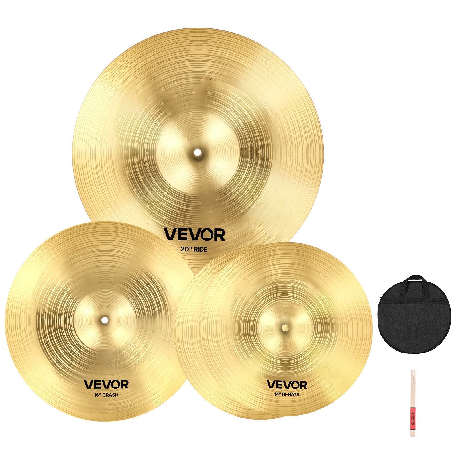 VEVOR Cymbal Pack, 3 Pieces Cymbals for Drum Set, Alloy Cymbals Drum Set Includes 35.5 cm Hi-Hats, 40 cm Crash, 50.5 cm Ride, Drumsticks & Cymbal Bag, Alloy Cymbal Pack for Drummer, Bright Copper