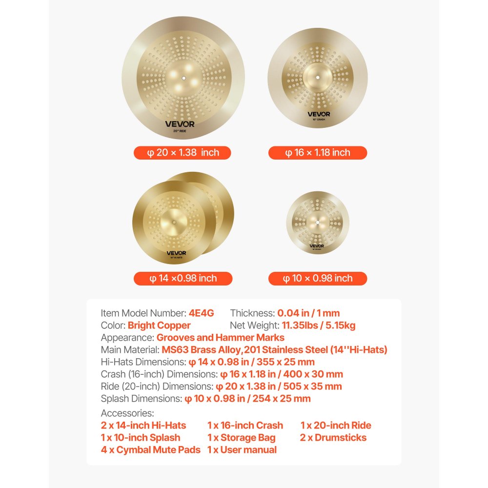 VEVOR Cymbal Pack, 4 Pieces Cymbals for Drum Set, Alloy Cymbals Drum Set Includes 14-inch Hi-Hats, 16-inch Crash, 20-inch Ride, 10-inch Splash, Drumsticks & Cymbal Bag, Alloy Cymbal Pack for Drummer