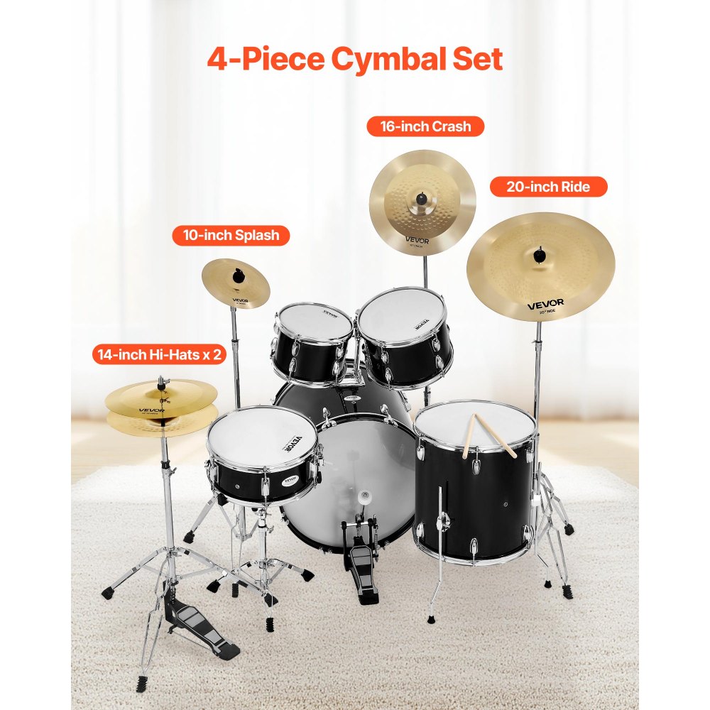 VEVOR Cymbal Pack, 4 Pieces Cymbals for Drum Set, Alloy Cymbals Drum Set Includes 35.5 cm Hi-Hats, 40 cm Crash, 50.5 cm Ride, 25.4 cm Splash, Drumsticks & Cymbal Bag, Alloy Cymbal Pack for Drummer