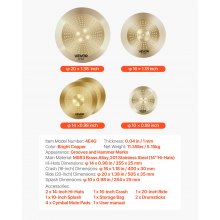 VEVOR Cymbal Pack 4 Pieces Cymbals Drum Set 10 14 16 20 Inches Cymbals for Drum
