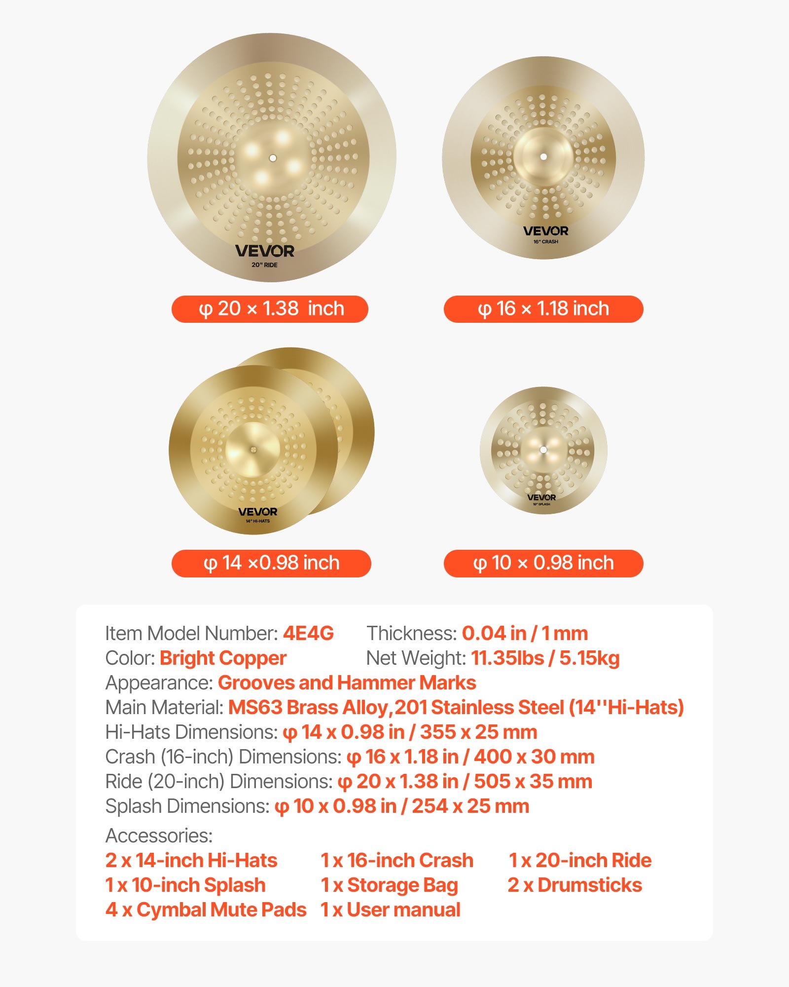 VEVOR Cymbal Pack, 4 Pieces Cymbals for Drum Set, Alloy Cymbals Drum Set Includes 14-inch Hi-Hats, 16-inch Crash, 20-inch Ride, 10-inch Splash, Drumsticks & Cymbal Bag, Alloy Cymbal Pack for Drummer
