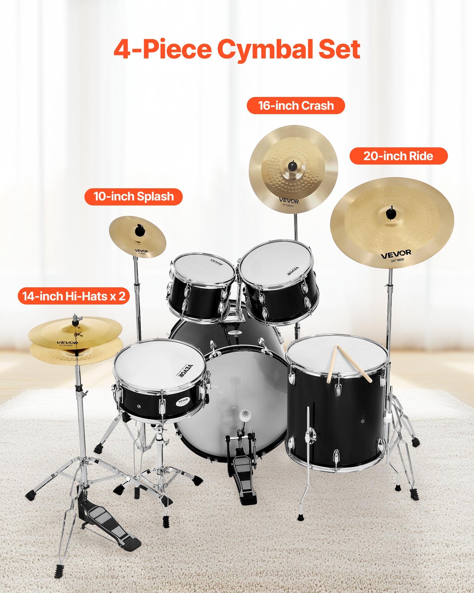 VEVOR Cymbal Pack, 4 Pieces Cymbals for Drum Set, Alloy Cymbals Drum Set Includes 35.5 cm Hi-Hats, 40 cm Crash, 50.5 cm Ride, 25.4 cm Splash, Drumsticks & Cymbal Bag, Alloy Cymbal Pack for Drummer