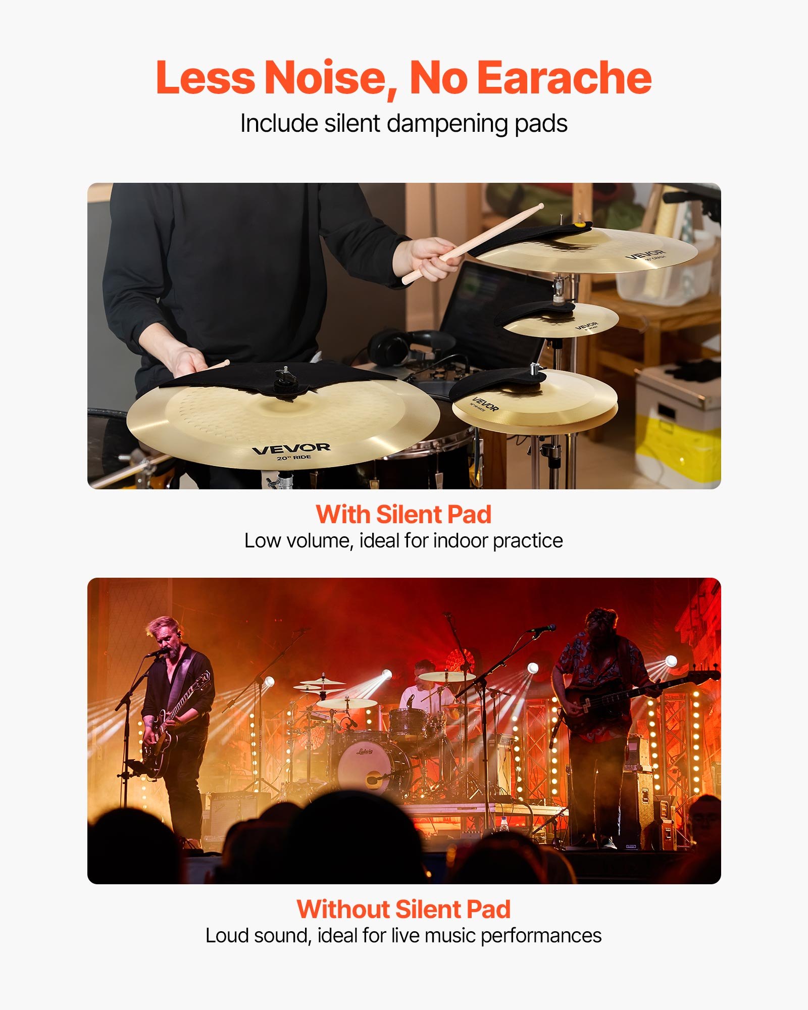 VEVOR Cymbal Pack, 4 Pieces Cymbals for Drum Set, Alloy Cymbals Drum Set Includes 35.5 cm Hi-Hats, 40 cm Crash, 50.5 cm Ride, 25.4 cm Splash, Drumsticks & Cymbal Bag, Alloy Cymbal Pack for Drummer