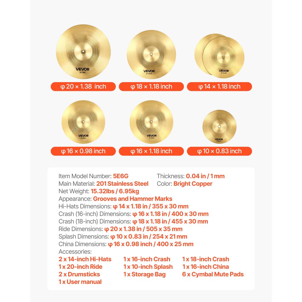 VEVOR Cymbal Pack, 6 Pieces Cymbals for Drum Set, Alloy Cymbals Drum Set Includes 35.5 cm Hi-Hats, 40 cm Crash, 45.5 cm Crash, 50.5 cm Ride, 25.4 cm Splash, 40 cm China, Drumsticks & Cymbal Bag