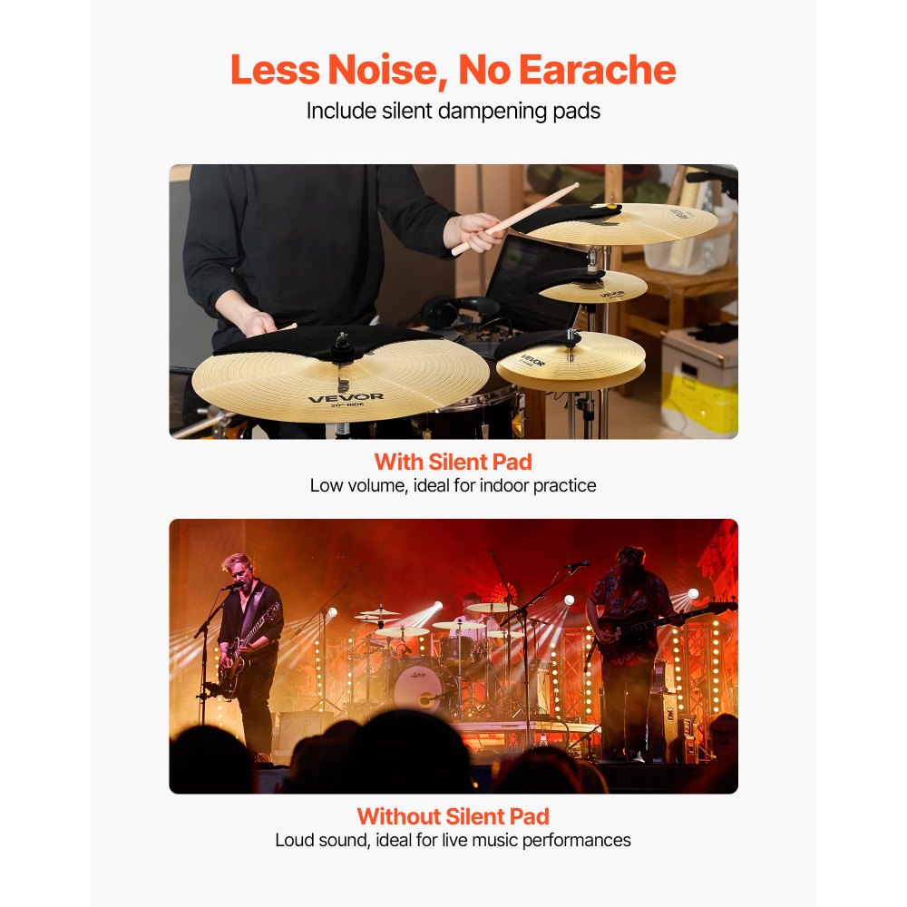VEVOR Cymbal Pack, 6 Pieces Cymbals for Drum Set, Alloy Cymbals Drum Set Includes 35.5 cm Hi-Hats, 40 cm Crash, 45.5 cm Crash, 50.5 cm Ride, 25.4 cm Splash, 40 cm China, Drumsticks & Cymbal Bag
