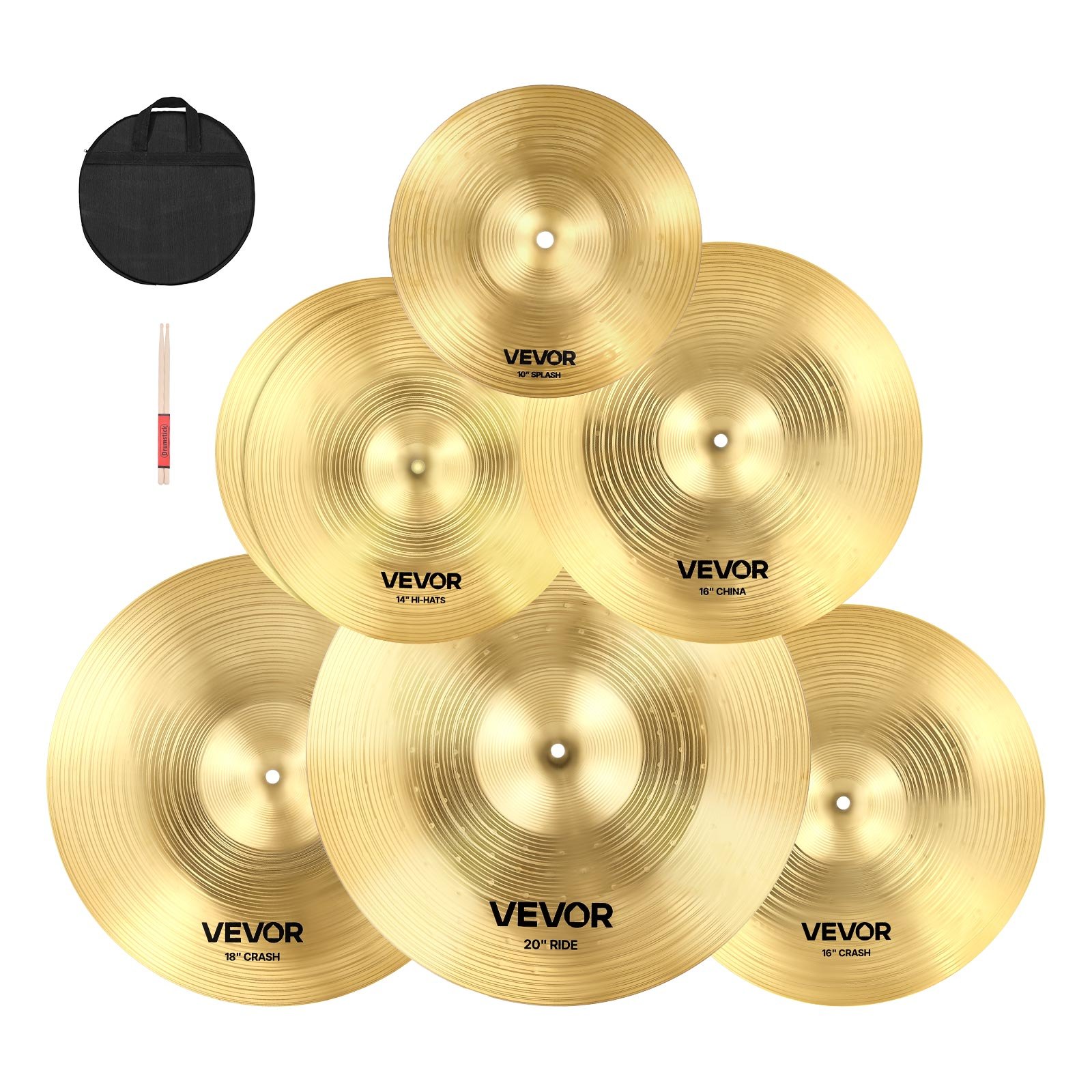 VEVOR Cymbal Pack, 6 Pieces Cymbals for Drum Set, Alloy Cymbals Drum Set Includes 35.5 cm Hi-Hats, 40 cm Crash, 45.5 cm Crash, 50.5 cm Ride, 25.4 cm Splash, 40 cm China, Drumsticks & Cymbal Bag