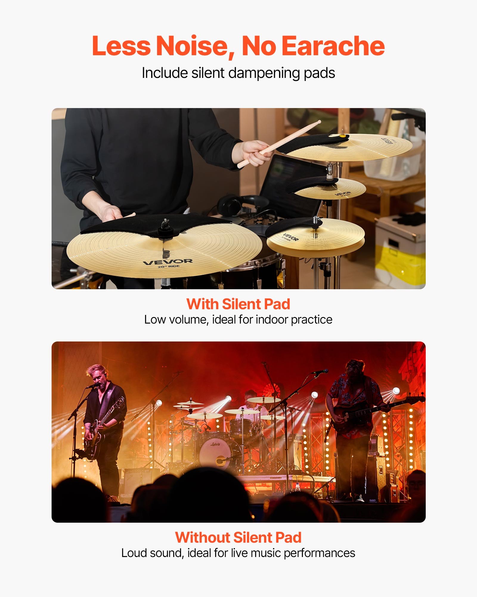 VEVOR Cymbal Pack, 6 Pieces Cymbals for Drum Set, Alloy Cymbals Drum Set Includes 35.5 cm Hi-Hats, 40 cm Crash, 45.5 cm Crash, 50.5 cm Ride, 25.4 cm Splash, 40 cm China, Drumsticks & Cymbal Bag