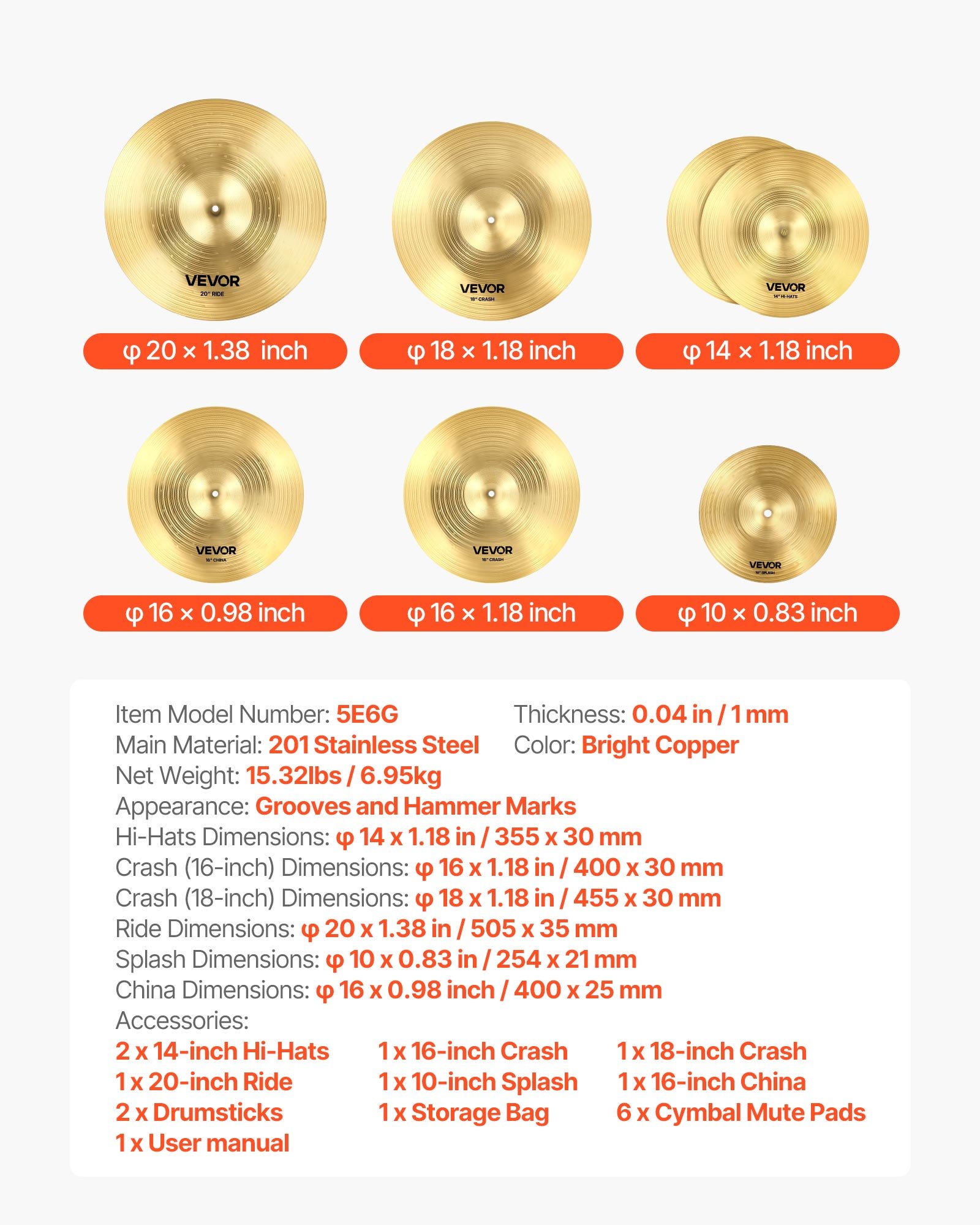 VEVOR Cymbal Pack, 6 Pieces Cymbals for Drum Set, Alloy Cymbals Drum Set Includes 35.5 cm Hi-Hats, 40 cm Crash, 45.5 cm Crash, 50.5 cm Ride, 25.4 cm Splash, 40 cm China, Drumsticks & Cymbal Bag