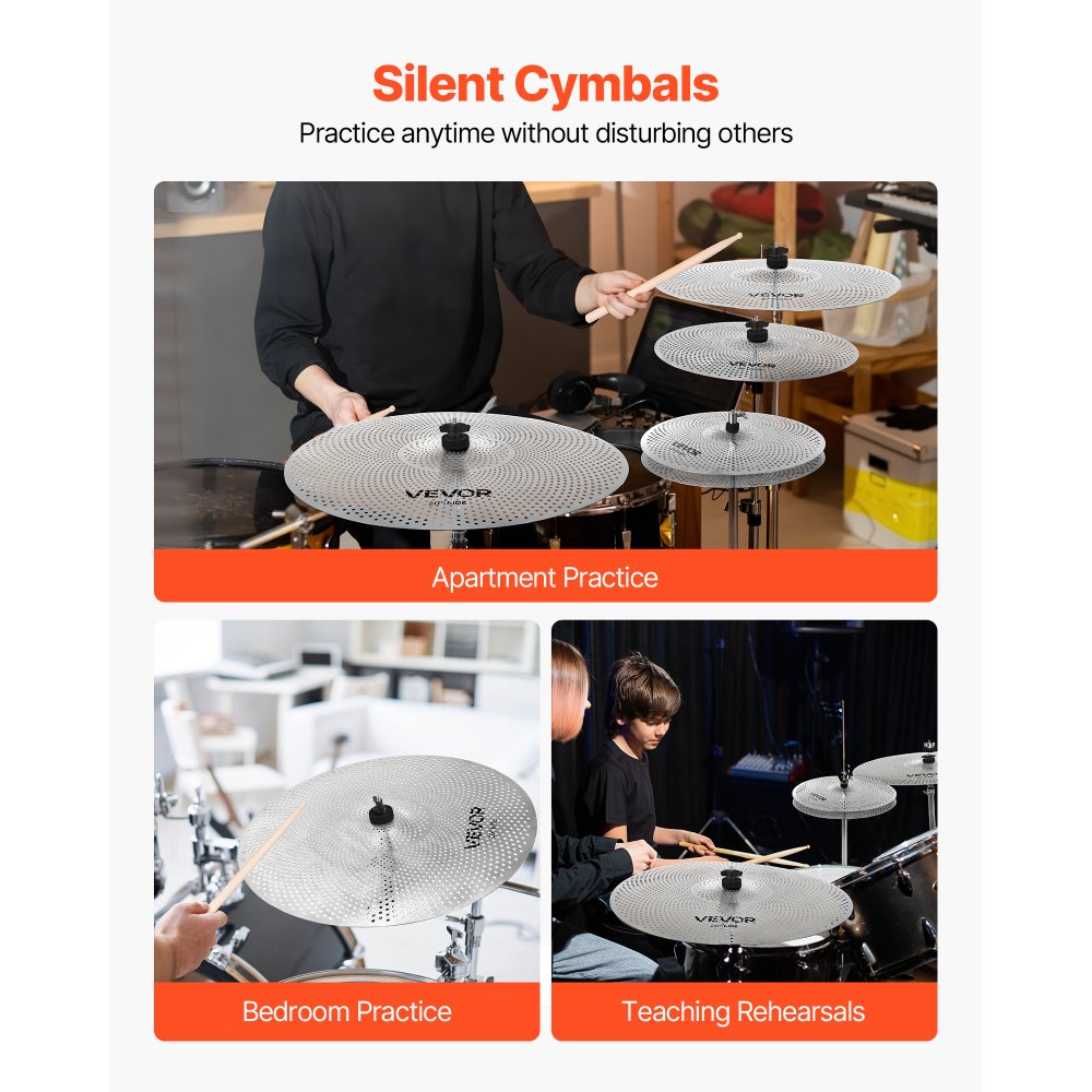 VEVOR Low Volume Cymbal Pack, 4 Pieces Quiet Cymbals for Drum Set, Alloy Cymbals Drum Set Includes 35 cm Hi-Hats, 40 cm Crash, 45.5 cm Crash, 50.5 cm Ride, Drumsticks & Cymbal Bag, Bright Copper