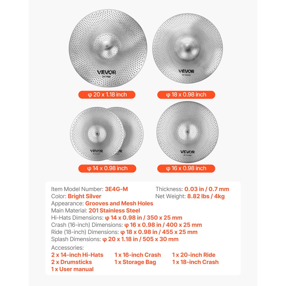 VEVOR Low Volume Cymbal Pack, 4 Pieces Quiet Cymbals for Drum Set, Alloy Cymbals Drum Set Includes 35 cm Hi-Hats, 40 cm Crash, 45.5 cm Crash, 50.5 cm Ride, Drumsticks & Cymbal Bag, Bright Copper