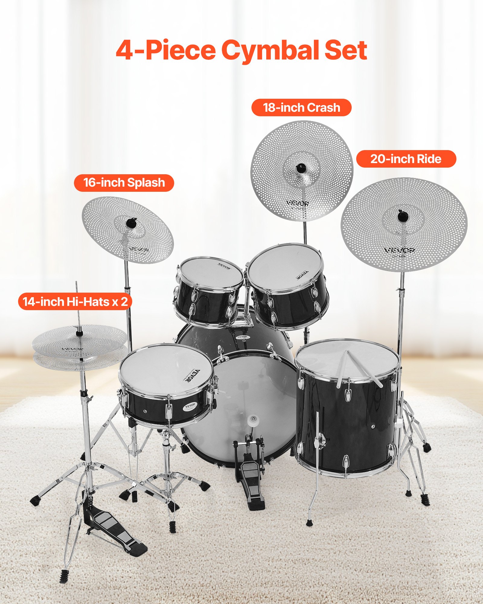 VEVOR Low Volume Cymbal Pack, 4 Pieces Quiet Cymbals for Drum Set, Alloy Cymbals Drum Set Includes 35 cm Hi-Hats, 40 cm Crash, 45.5 cm Crash, 50.5 cm Ride, Drumsticks & Cymbal Bag, Bright Copper