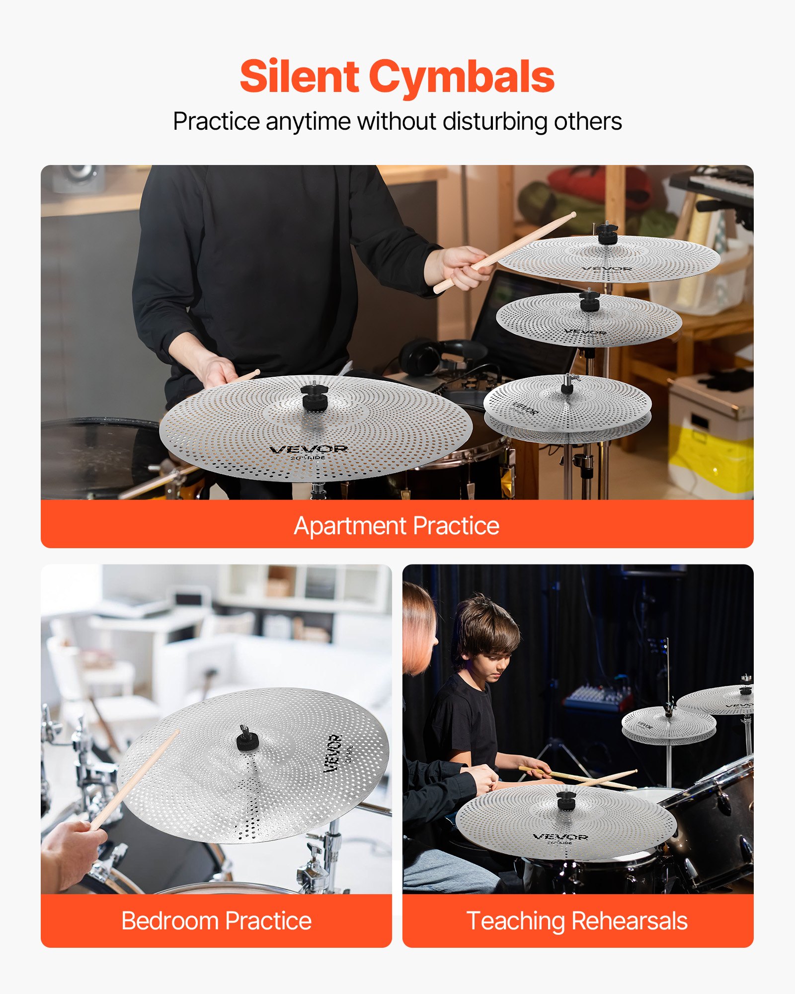 VEVOR Low Volume Cymbal Pack, 4 Pieces Quiet Cymbals for Drum Set, Alloy Cymbals Drum Set Includes 35 cm Hi-Hats, 40 cm Crash, 45.5 cm Crash, 50.5 cm Ride, Drumsticks & Cymbal Bag, Bright Copper