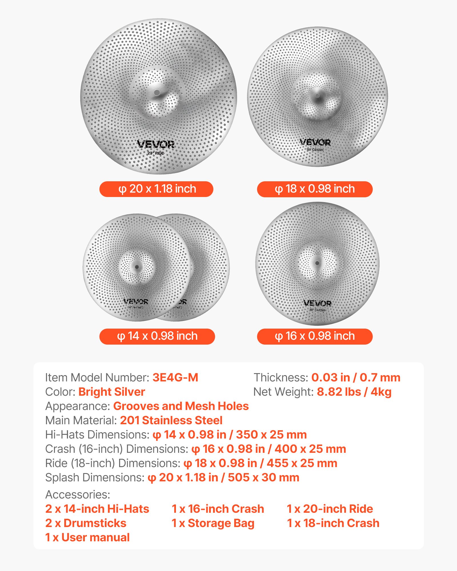 VEVOR Low Volume Cymbal Pack, 4 Pieces Quiet Cymbals for Drum Set, Alloy Cymbals Drum Set Includes 35 cm Hi-Hats, 40 cm Crash, 45.5 cm Crash, 50.5 cm Ride, Drumsticks & Cymbal Bag, Bright Copper