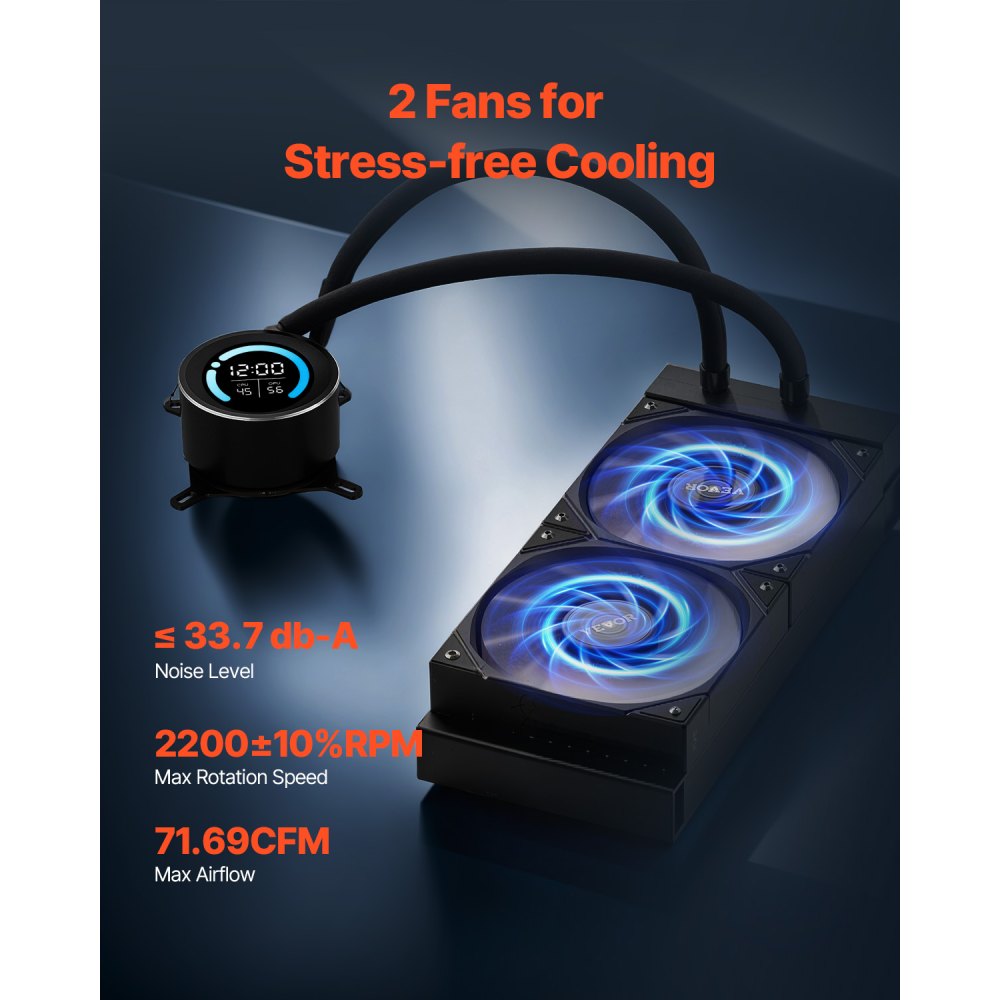 VEVOR CPU Liquid Cooler, AIO CPU Water Cooler - 120mm PWN Fans, Pump, 1.8" Display, Max. 2200RPM CPU Cooling Fan, Efficient Black PC Water Cooler for Intel 115X/1366/2011/1700/1200, AMD AM4/AM5