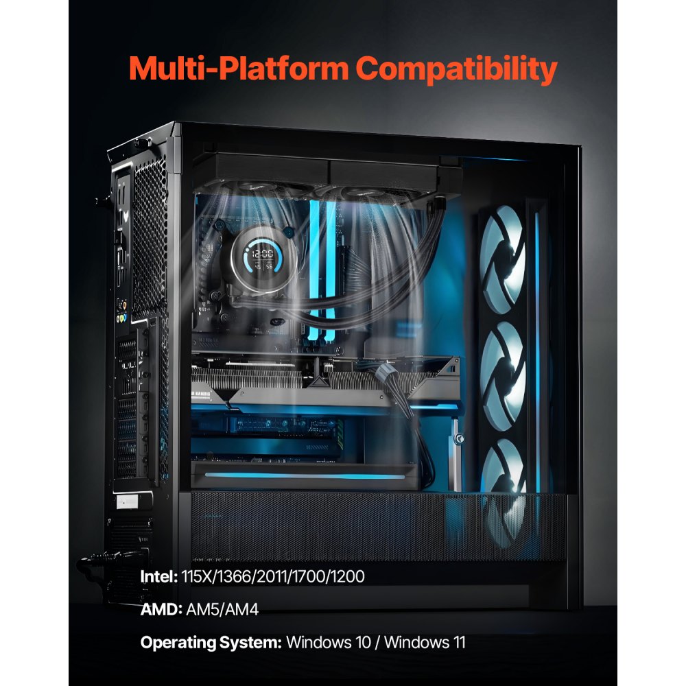 VEVOR CPU Liquid Cooler, AIO CPU Water Cooler - 120mm PWN Fans, Pump, 1.8" Display, Max. 2200RPM CPU Cooling Fan, Efficient Black PC Water Cooler for Intel 115X/1366/2011/1700/1200, AMD AM4/AM5