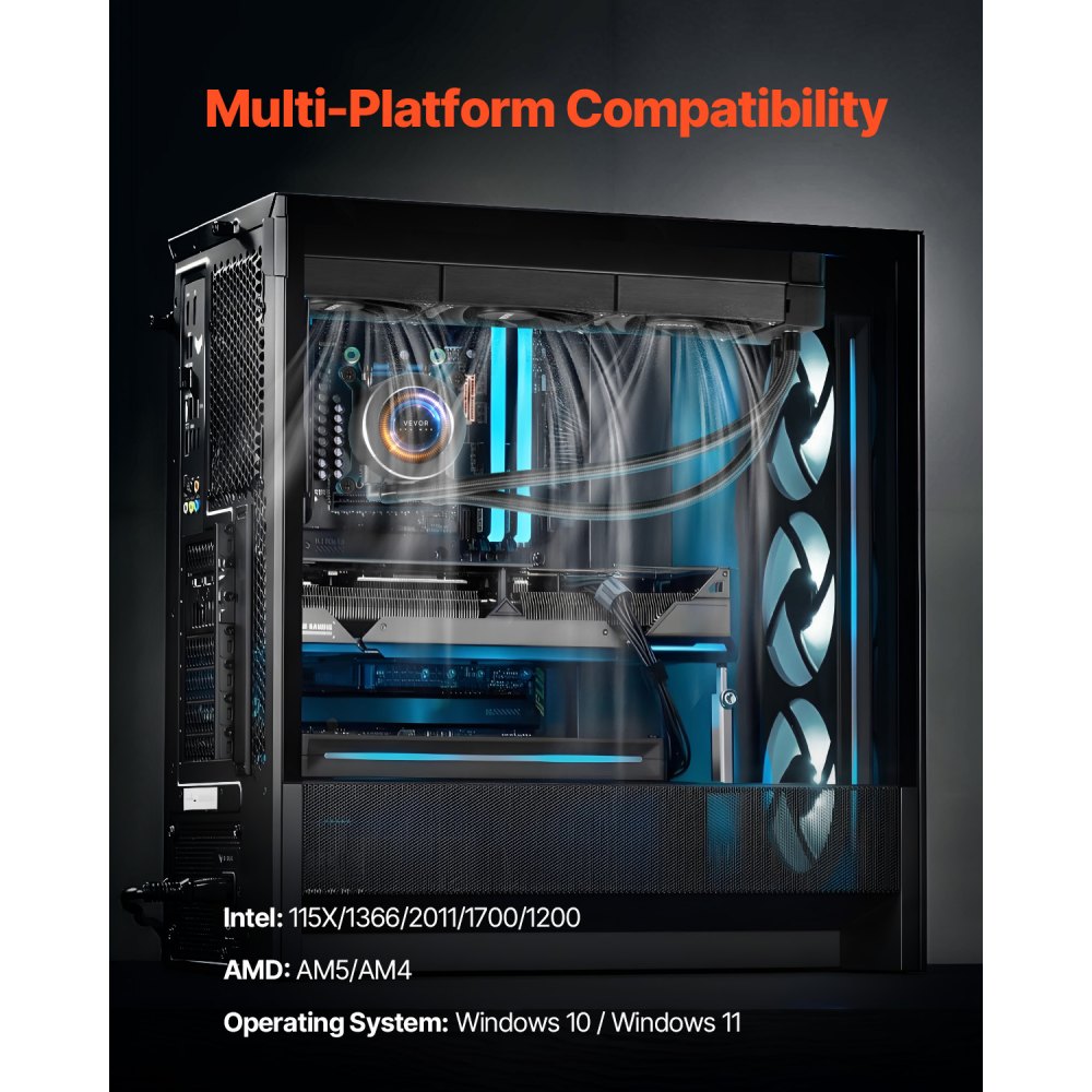 VEVOR CPU Liquid Cooler, AIO CPU Water Cooler - 3 x 120mm PWN Fans, Pump & 2.1" LCD Display, Max 2200PRM Black CPU Cooling Fan, Compatible for Intel 115X/1366/2011/1700/1200, AMD AM4/AM5