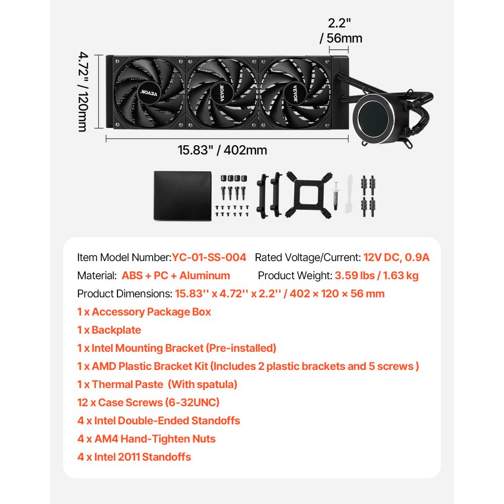 VEVOR CPU Liquid Cooler, AIO CPU Water Cooler - 3 x 120mm PWN Fans, Pump & 2.1" LCD Display, Max 2200PRM Black CPU Cooling Fan, Compatible for Intel 115X/1366/2011/1700/1200, AMD AM4/AM5