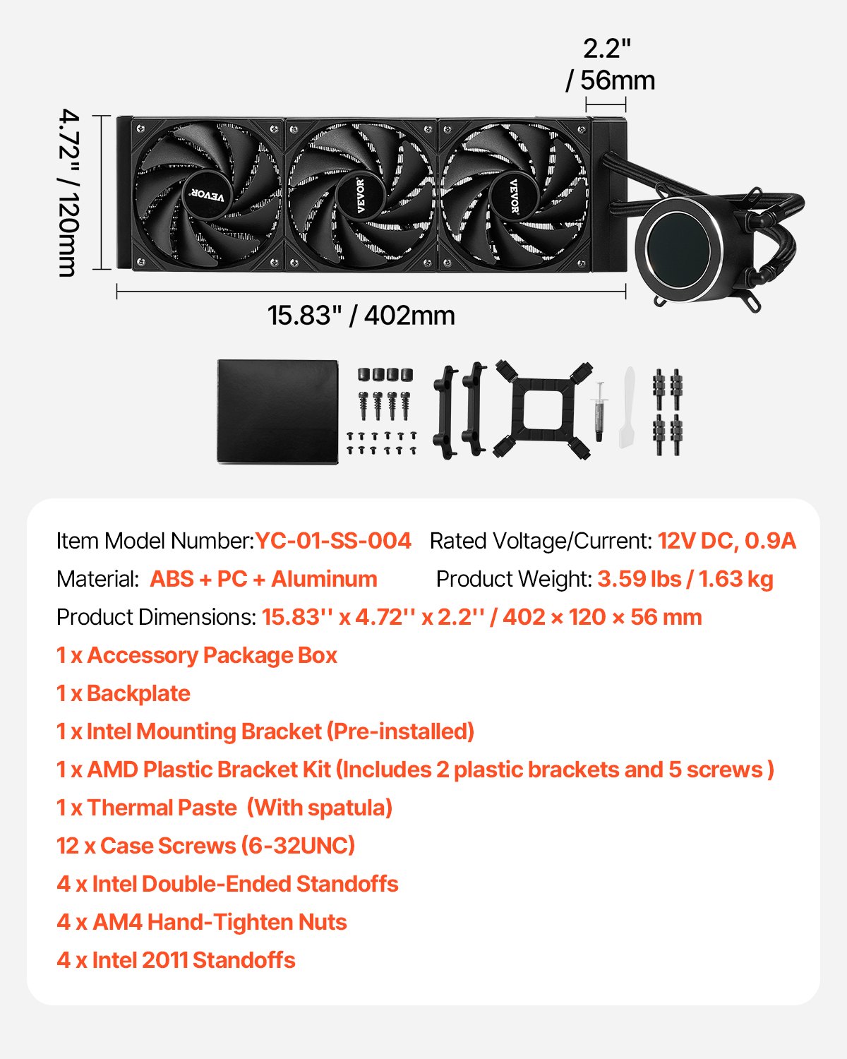 VEVOR CPU Liquid Cooler, AIO CPU Water Cooler - 3 x 120mm PWN Fans, Pump & 2.1" LCD Display, Max 2200PRM Black CPU Cooling Fan, Compatible for Intel 115X/1366/2011/1700/1200, AMD AM4/AM5