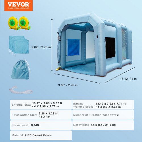 VEVOR Inflatable Paint Booth, 13x10x9ft Inflatable Spray Booth, High Powerful 900W Blowers Spray Booth Tent, Car Paint Tent Air Filter System for Car Parking Tent Workstation Motorcycle Garage