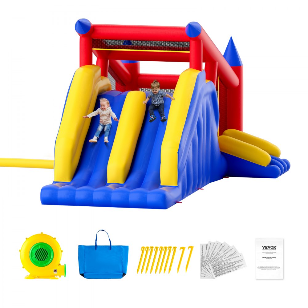 VEVOR Inflatable Bounce House, Outdoor High Quality Playhouse Trampoline, Jumping Bouncer with Blower, Slide, and Storage Bag, Family Backyard Bouncy Castle, for Kid Ages 3–8 Years, 183x102x92 inch