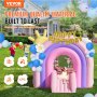 VEVOR bounce house with "happy birthday" arch, blue and white balloons in a backyard setting.