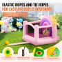 Casa inflable VEVOR con globos de colores en un jardín, con soplador de alta potencia e interruptor a prueba de agua.