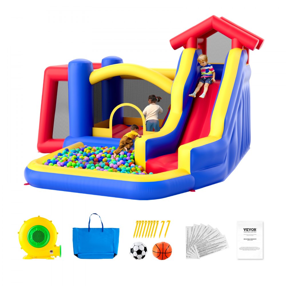 Niños jugando en una vibrante casa inflable VEVOR con piscina de pelotas, tobogán, soplador, bolsa, estacas y pelotas incluidas.