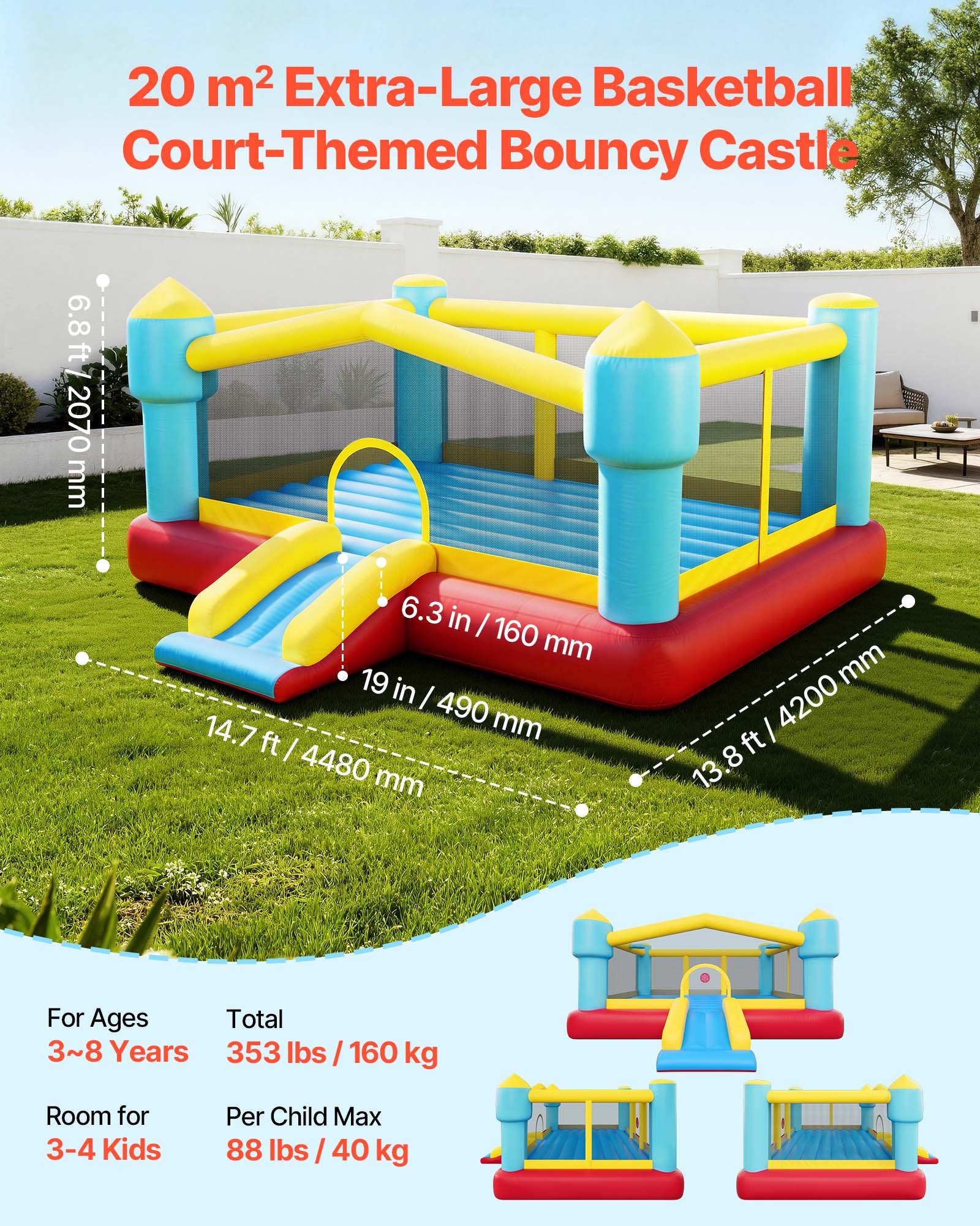 VEVOR Inflatable Bounce House, 14.7 x 13.8 x 6.8 ft Jumping Bouncy Castle, Inflatable Jumper for Kids with Slide, Basketball Hoop, Target Game & Jumping Area, Jumpings House Holds 3-4 Kids (Ages 3-8)