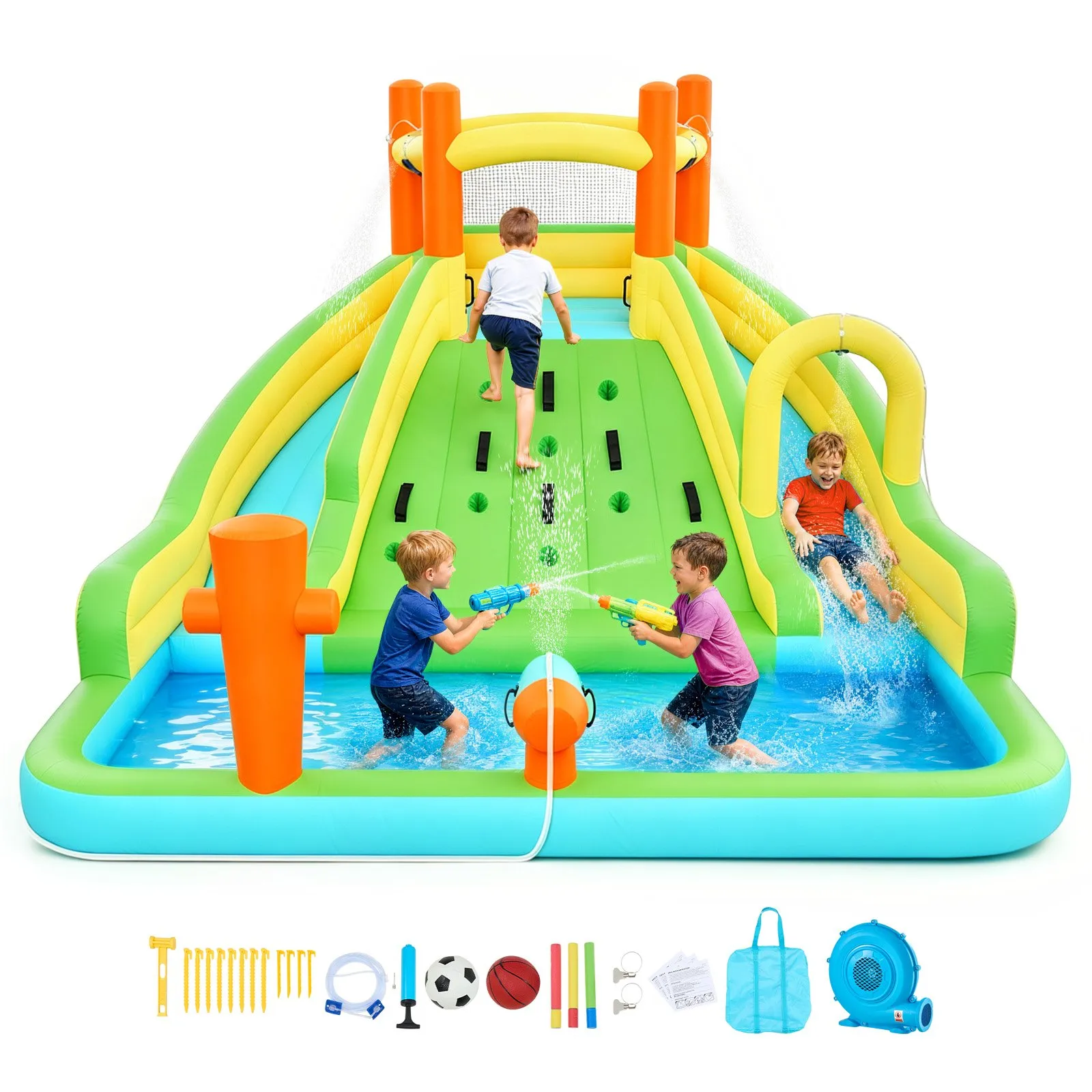 VEVOR Inflatable Bounce House, 13.3 x 11.4 x 8.4 ft Inflatable Bounce House Water Slide, Bouncer Castle with Climbing Wall, Double Tall Slides, Splash Pool & Mini Soccer, for 3 to 4 Kids Ages 3 to 8