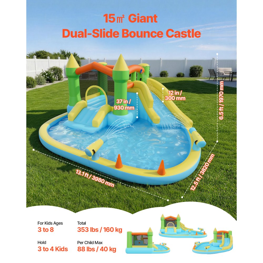VEVOR Inflatable Bounce House, 12.5 x 13.1 x 6.5 ft Inflatable Bounce House Water Slide, Bouncer Castle with Castle Bounces, Basketball Hoop, Splash Pool & Water Ring Toss, for 3 to 4 Kids Ages 3 to 8