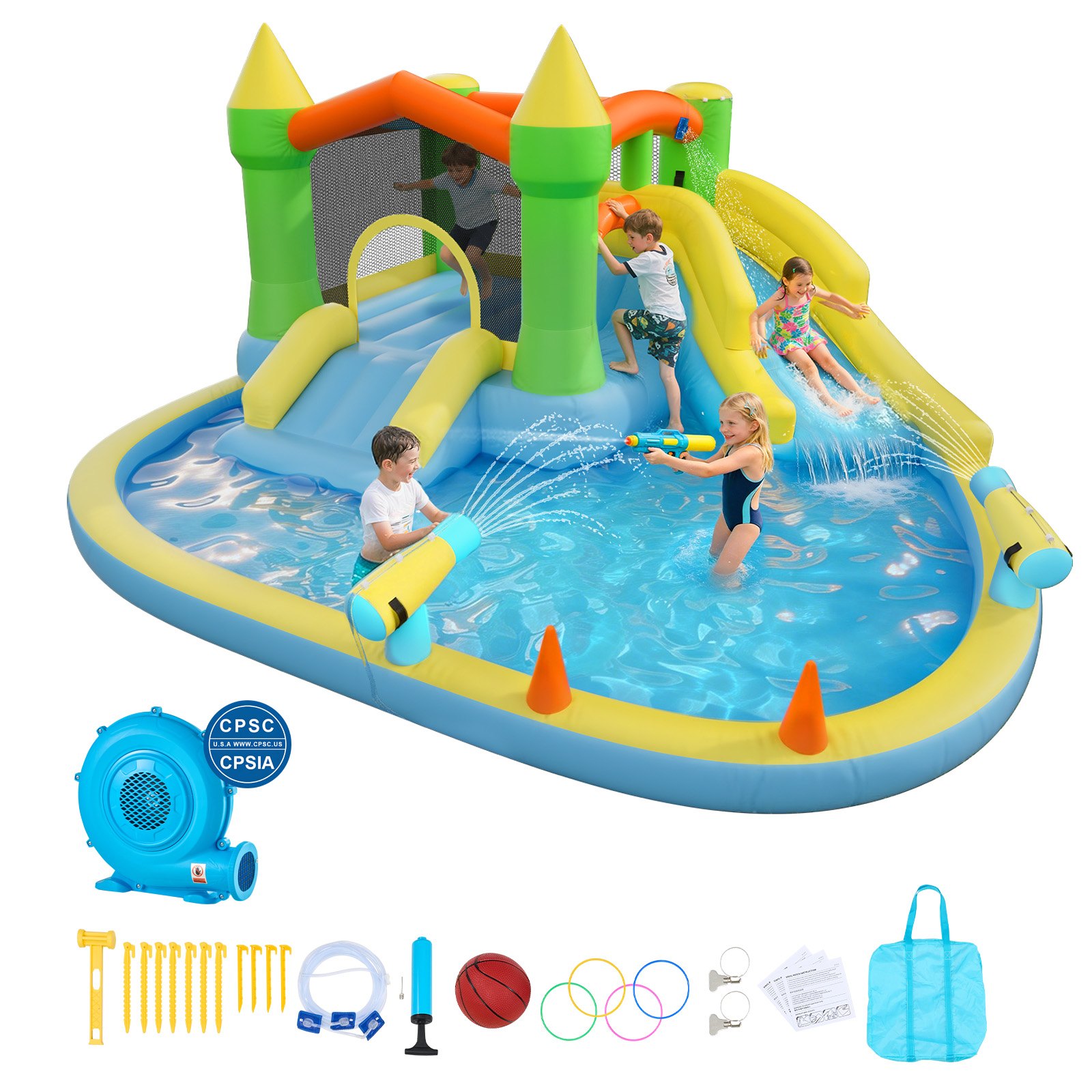 VEVOR Inflatable Bounce House, 12.5 x 13.1 x 6.5 ft Inflatable Bounce House Water Slide, Bouncer Castle with Castle Bounces, Basketball Hoop, Splash Pool & Water Ring Toss, for 3 to 4 Kids Ages 3 to 8