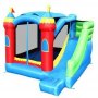 colorful VEVOR bounce house with slide, two red towers, blue roof, and green climbing wall.